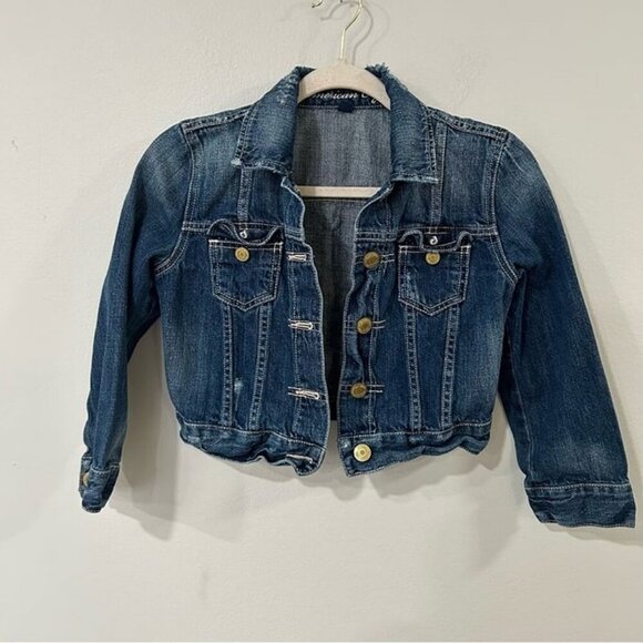 American Eagle Women’s Cropped Dark Navy Blue Jean Denim Jacket Size Small - Picture 1 of 5